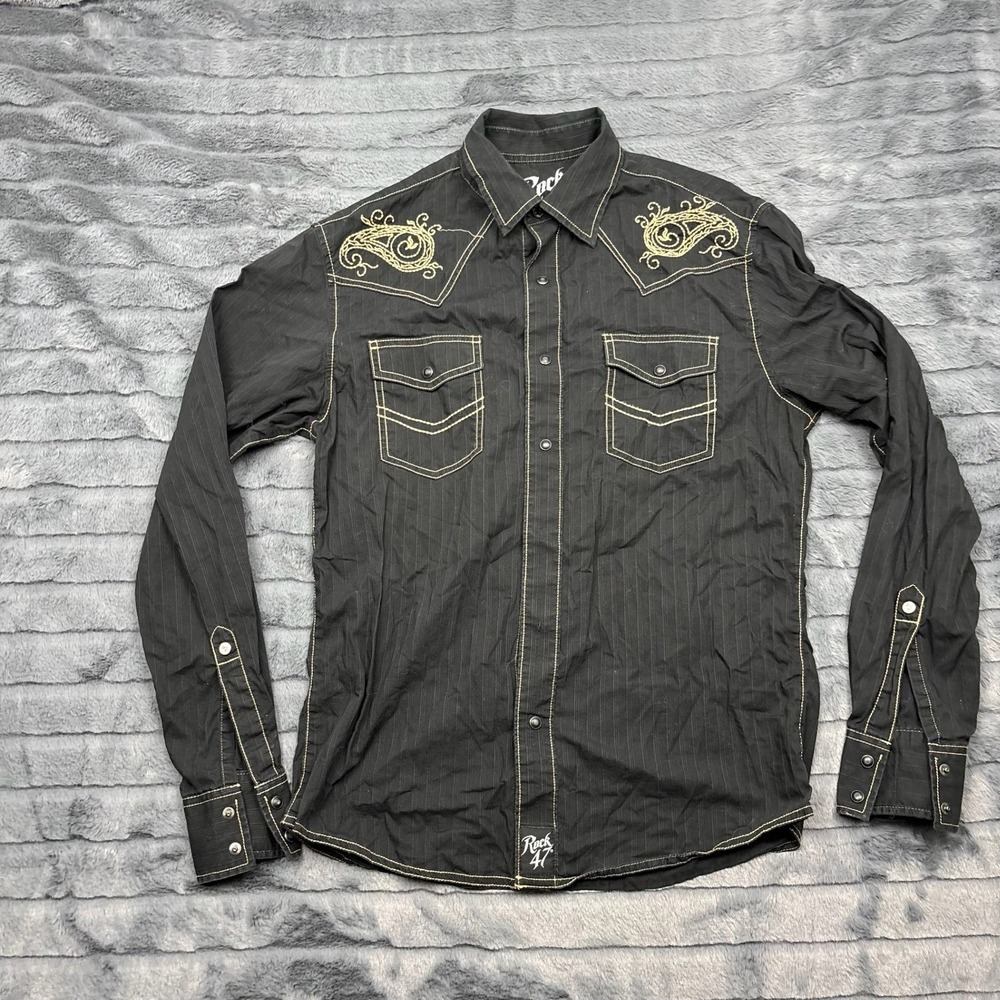 Rock 47 by Wrangler Mens Black Paisley Embroidered Western Pearl Snap Shirt M